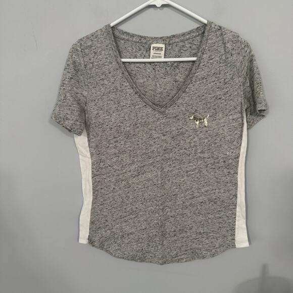 PINK Victoria's Secret Gray V-Neck Tee Shirt Womens Size Small Silver Sequin Dog - Picture 1 of 7